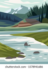 Beautiful modern view of nature landscape with forest, mountains,river,lake,waterfall,and pines. Banner, background scenery vector illustration