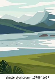 Beautiful modern view of nature landscape with forest, mountains,river,lake,waterfall,and pines. Banner, background scenery vector illustration