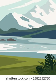 Beautiful modern view of nature landscape with forest, mountains,river,lake,waterfall,and pines. Banner, background scenery vector illustration