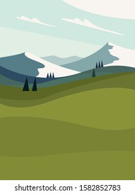 Beautiful Modern View Of Nature Landscape With Forest, Mountains,river,lake,waterfall,and Pines. Banner, Background Scenery Vector Illustration