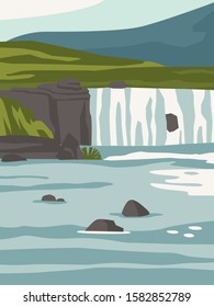 Beautiful modern view of nature landscape with forest, mountains,river,lake,waterfall,and pines. Banner, background scenery vector illustration