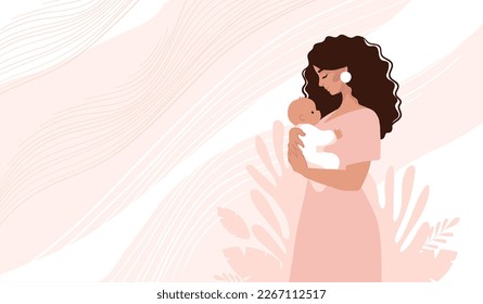 Beautiful modern woman hugging baby, concept of pregnancy and motherhood, vector illustration for doula, obstetrics, doctor. Modern landing page in flat cartoon design.