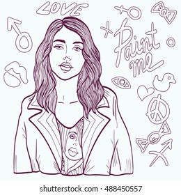 Beautiful modern woman in jacket , vector illustration  . grunge style