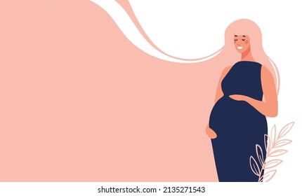 Beautiful modern young pregnant woman on a pink background. Vector concept banner about pregnancy and motherhood. Mom hugs her belly and waits for the baby to be born.