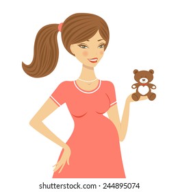 Beautiful mom to be holding teddy bear. vector illustration