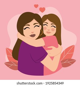 Beautiful mom and daughter giving each other a hug. Vector in EPS format.