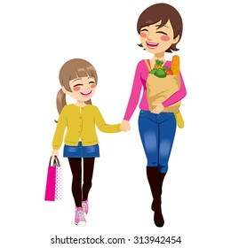 Beautiful mom with grocery paper bag and daughter shopping together helping parent holding bags