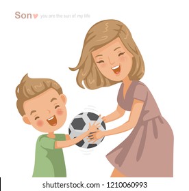 beautiful mom with his little cute son are having fun playing football. Cute cartoon couple fun. Holding a soccer ball in his hand and laughing together,text for Mother's Day, Children's Day, Birthday