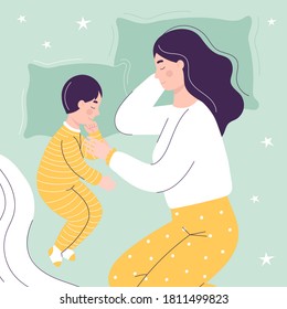 Beautiful mom and son are sleeping in bed. The concept of children sleeping together with parents. Flat vector cartoon illustration