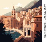 beautiful Monaco scene illustration with buildings and mountains in the background 