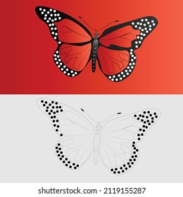 Beautiful Monarch Butterfly Flying .Elegance And Beauty In Nature. Set Of Two Butterfly One Colored And The Other Line Art Black Art . Detail Of Monarch Butterfly Fauna.vector Illustration Template