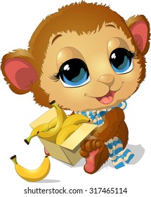 beautiful monkey that holds its legs in the box of bananas