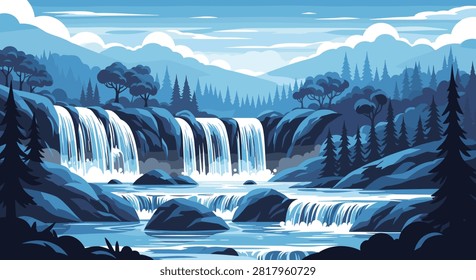 Beautiful monochromatic blue vector landscape of a pristine forest waterfall cascading into a rocky mountain river.