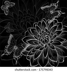 beautiful monochrome black and white background with dahlias and butterflies. Hand-drawn contour lines and strokes.