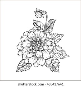 beautiful monochrome black and white bouquet dahlia isolated on background. Hand-drawn. design greeting card and invitation of the wedding, birthday, Valentine's Day, mother's day and other holiday