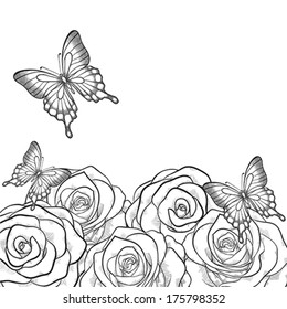 Beautiful monochrome black and white card with flowers roses and butterflies. Hand-drawn contour lines and strokes