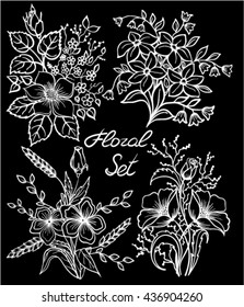 beautiful monochrome black and white floral collection with leaves and flowers set. design for greeting card and invitation of the wedding, birthday, Valentine's Day, mother's day and seasonal holiday