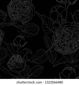 Beautiful monochrome black and white seamless pattern with roses, leaves. Hand drawn contour lines. Design greeting card and invitation. Black background.