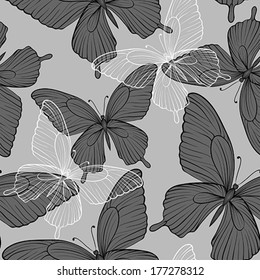 beautiful monochrome black and white seamless background with flying butterflies. Hand-drawn contour lines and strokes. Perfect for background greeting cards and invitations of the wedding, birthday