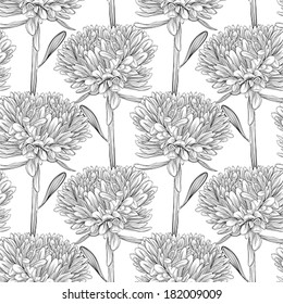 Beautiful monochrome, black and white seamless background with flowers aster. Hand-drawn contour lines and strokes. Perfect for background greeting cards and invitations of the wedding, birthday