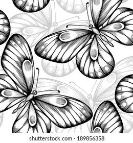 beautiful monochrome black and white seamless background with flying butterflies. Hand-drawn contour lines and strokes. Perfect for background greeting cards and invitations to the wedding, birthday