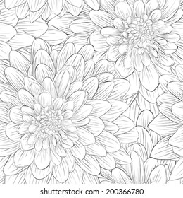 Beautiful monochrome, black and white seamless background with flowers dahlia.  Hand-drawn contour lines and strokes. 