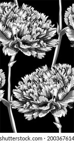 Beautiful monochrome, black and white seamless background with  carnation. Hand-drawn with effect of drawing in watercolor