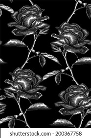 Beautiful monochrome, black and white seamless background with gray roses with stem and leaves. Hand-drawn with effect of drawing in watercolor
