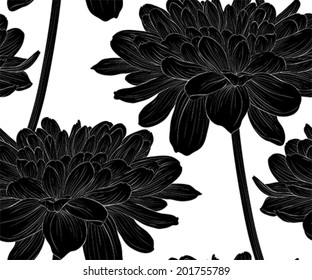 Beautiful monochrome, black and white seamless background with flowers dahlia with a stem. Hand-drawn contour lines and strokes.
