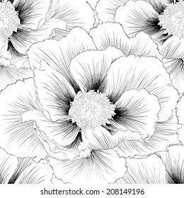 Beautiful monochrome black and white  seamless background with flowers. Hand-drawn contour lines and strokes.