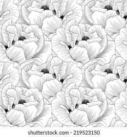 Beautiful monochrome, black and white seamless background with flowers Plant Paeonia arborea (Tree peony). Hand-drawn contour lines and strokes.