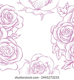 Beautiful monochrome black and white seamless pattern with roses, leaves. Hand drawn contour lines. design greeting card and invitation of the wedding, birthday, Valentine s Day, mother s day, holiday