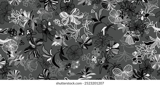 Lindo monocromático, preto e branco fundo sem costura com flores . Linhas de contorno e traçados desenhados à mão. Ilustração vetorial