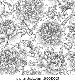 beautiful monochrome black and white seamless background. peonies with leaves and bud. for greeting cards and invitations of wedding, birthday, Valentine's Day, mother's day and other seasonal holiday