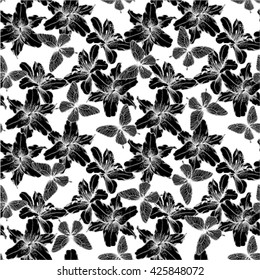 Beautiful monochrome, black and white seamless background lilies, butterflies. design for greeting card, invitation of the wedding, birthday, Valentine's Day, mother's day and other seasonal holiday