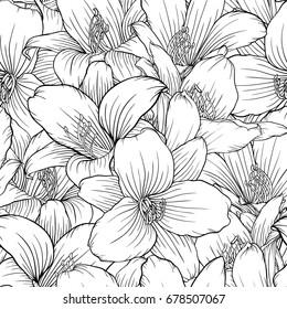 Beautiful Monochrome, Black And White Seamless Pattern With Lilies. Hand-drawn Contour Lines. Design Greeting Card And Invitation Of The Wedding, Birthday, Valentine's Day, Mother's Day, Other Holiday