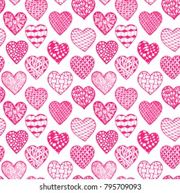 Beautiful monochrome, black and white seamless background hand drawn hearts. Pattern coloring book, design for holiday greeting card and invitation of wedding, Valentine s day, mother s day, birthday.