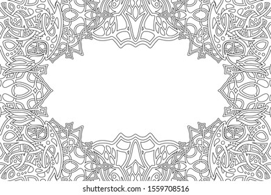 Beautiful monochrome border for coloring book art with abstract linear pattern and white copy space