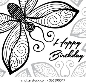 Beautiful monochrome card Happy Birthday with hand drawn butterfly.