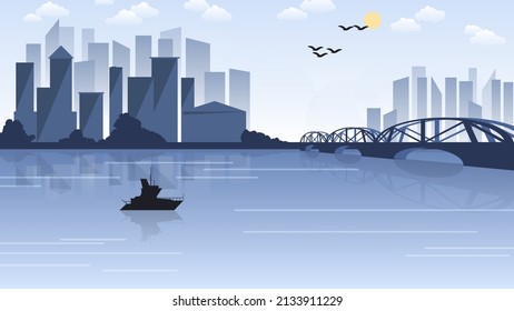 Beautiful monochrome cityscape. A river boat floats along the river against the background of a bridge, a coast with skyscrapers, a sky with the sun, clouds, silhouettes of flying birds. Vector. 