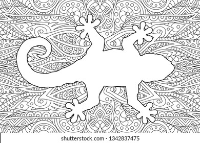 Beautiful monochrome coloring book page with white gecko silhouette on beautiful abstract linear background