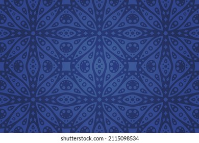 Beautiful monochrome cosmic vector background with abstract colorful blue starry tribal seamless pattern
