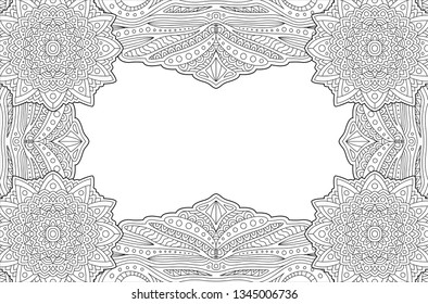 Beautiful monochrome detailed frame for coloring book page with copy space