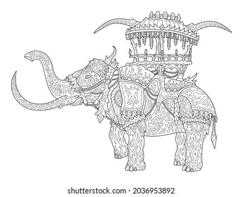Beautiful monochrome fantasy linear illustration for adult coloring book page with stylized rideable mammoth isolated on the white background