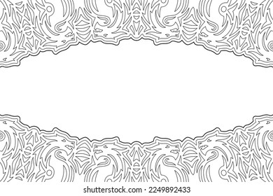 Beautiful monochrome fantasy linear vector background for adult coloring book page with dragons silhouettes and white copy space