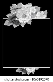 beautiful monochrome floral frame on black background. For your design of greeting cards, invitations and greeting cards for birthday, Valentine's day, wedding, party and more. Vector illustration.