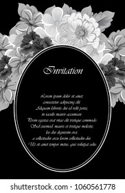 beautiful monochrome floral frame on black background. For your design of greeting cards, invitations and greeting cards for birthday, Valentine's day, wedding, party and more. Vector illustration.