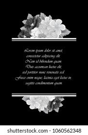 beautiful monochrome floral frame on black background. For your design of greeting cards, invitations and greeting cards for birthday, Valentine's day, wedding, party and more. Vector illustration.