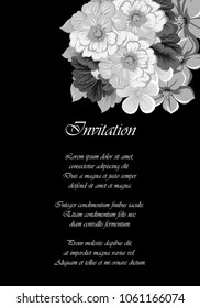 beautiful monochrome floral frame on black background. For your design of greeting cards, invitations and greeting cards for birthday, Valentine's day, wedding, party and more. Vector illustration.