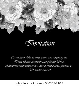 beautiful monochrome floral frame on black background. For your design of greeting cards, invitations and greeting cards for birthday, Valentine's day, wedding, party and more. Vector illustration.